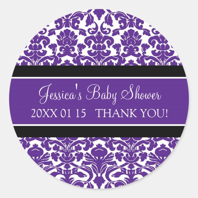 Plum Damask Baby Shower Favor Stickers (Front)