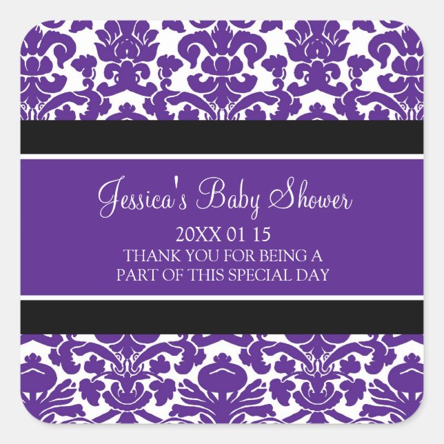 Plum Damask Baby Shower Favor Stickers (Front)