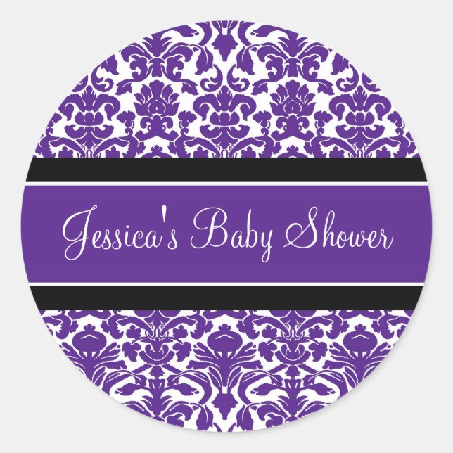 Plum Damask Baby Shower Favor Stickers (Front)