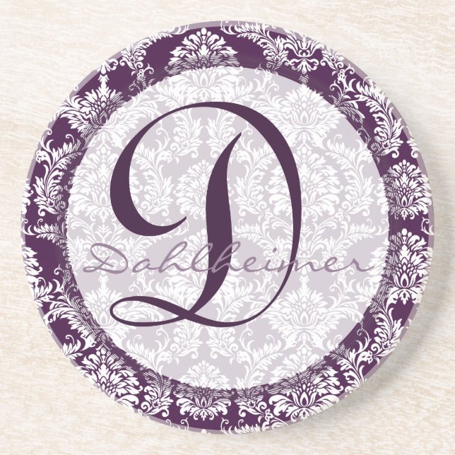 Plum Damask Monogram Wedding Anniversary Coaster (Front)