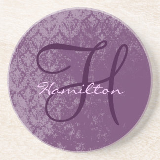 Plum Damask Monogram Wedding Anniversary Coasters
