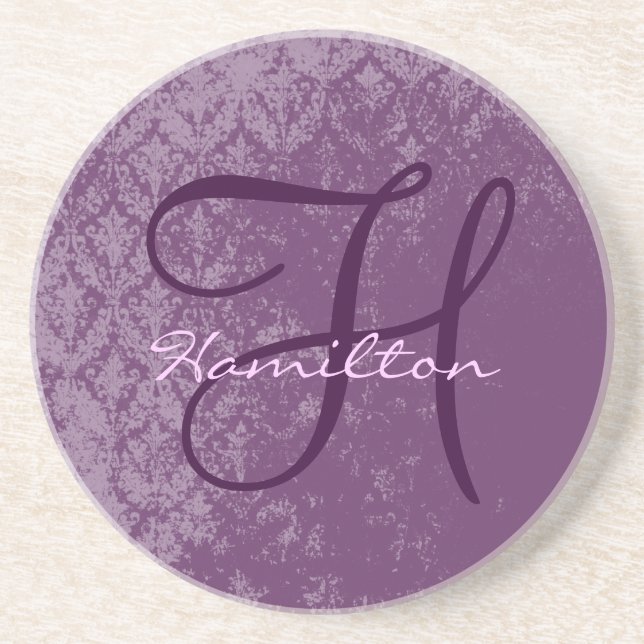 Plum Damask Monogram Wedding Anniversary Coasters (Front)