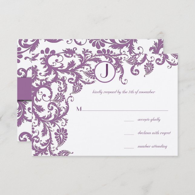 Plum Damask Monogram Wedding  Invitation (Front/Back)