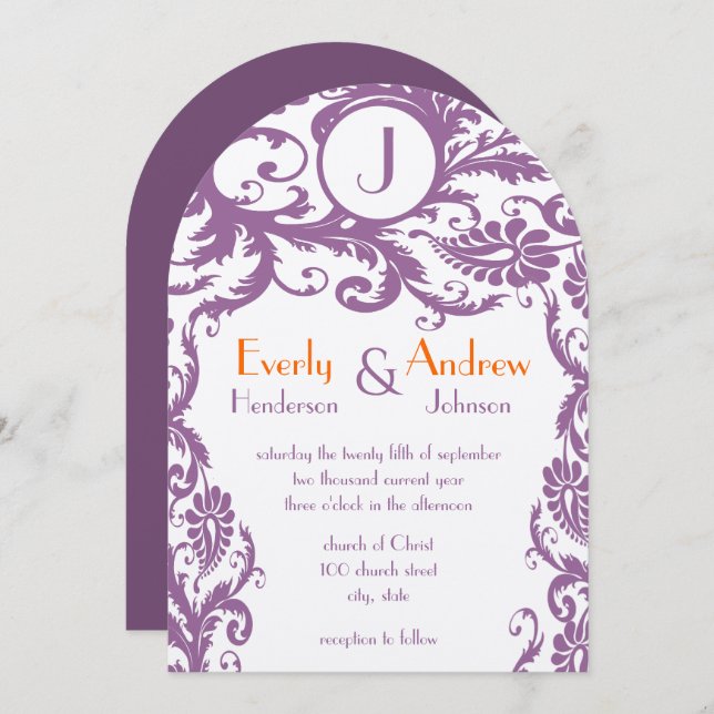 Plum Damask Monogram Wedding Invitation (Front/Back)