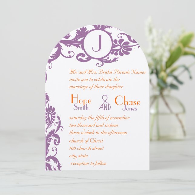 Plum Damask Orange Monogram Wedding Invitation (Standing Front)