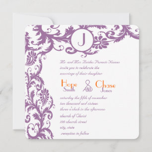 Plum Damask Orange Monogram Wedding Invitation