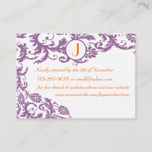 Plum Damask Orange  Response and Website Cards Business Card Template