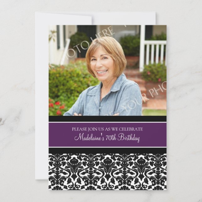 Plum Damask Photo 70th Birthday Party Invitations (Front)