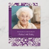 Plum Damask Photo 90th Birthday Party Invitations (Front/Back)