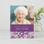 Plum Damask Photo 90th Birthday Party Invitations (Standing Front)