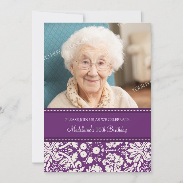 Plum Damask Photo 90th Birthday Party Invitations (Front)