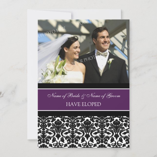 Plum Damask Photo Elopement Announcement Cards (Front)