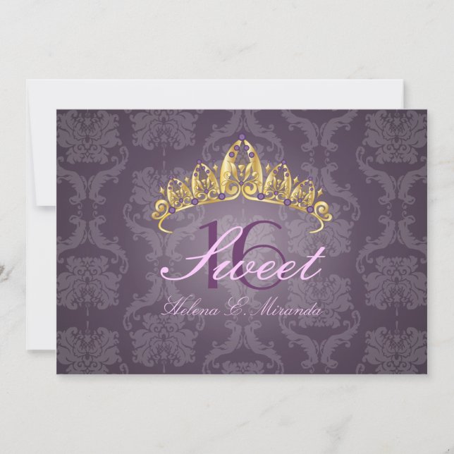 Plum Damask Sweet 16/ tiara/amethyst invitations (Front)