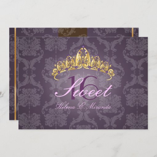 Plum Damask Sweet 16 Tiara Amethyst Invitations Zazzle