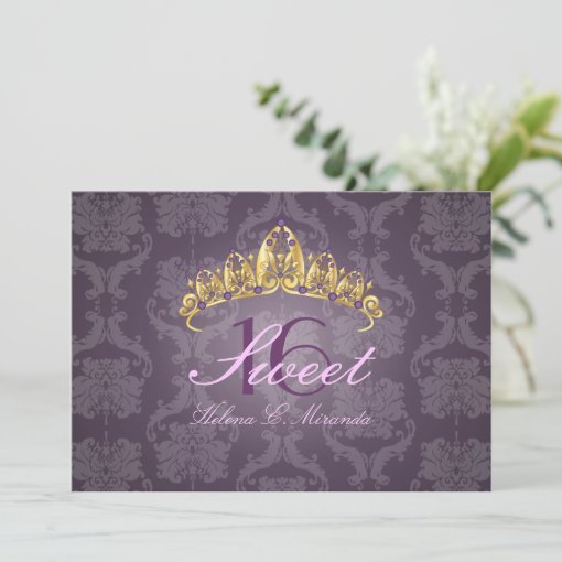 Plum Damask Sweet 16 Tiara Amethyst Invitations Zazzle