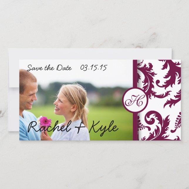 Plum Damask Swirls Save the Date (Front)