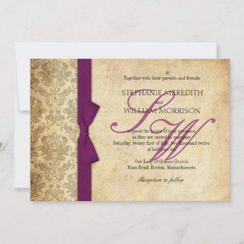 Plum Damask Vintage Bow Wedding Invitation