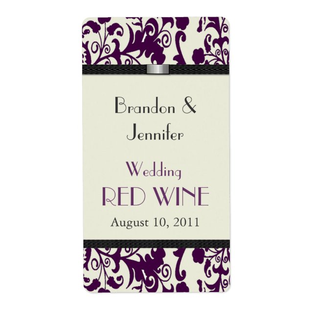 Plum Damask Wedding Mini Wine Labels (Front)