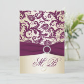 Plum Damask with PRINTED Ribbon Wedding Invite (Standing Front)