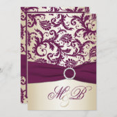 Plum Damask with PRINTED Ribbon Wedding Invite (Front/Back)