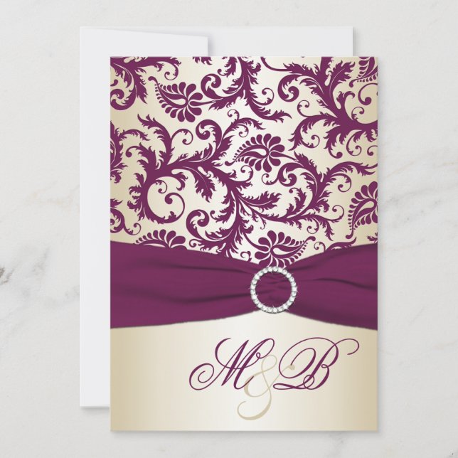 Plum Damask with PRINTED Ribbon Wedding Invite (Front)