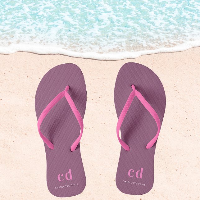 Plum dark pink monogram initials name flip flops (Creator Uploaded)