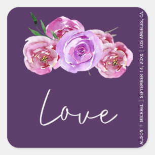 Plum dark purple pink peonies wedding love script square sticker