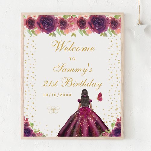 Plum Dark Skin Girl Birthday Party Welcome Poster