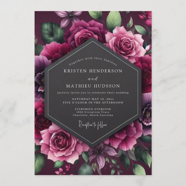Plum Dramatic Floral Wedding Invitation (Front)