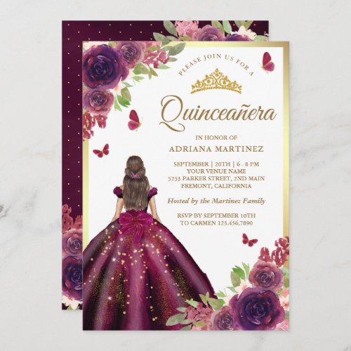 Plum Dress Floral Butterfly Gold Quinceanera Invitation