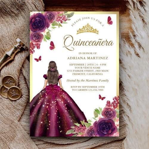 Plum Dress Floral Butterfly Gold Quinceanera Invitation