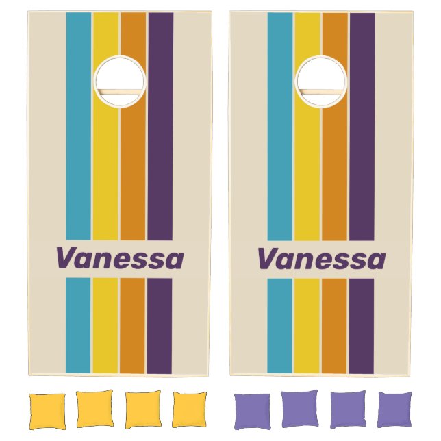 Plum Dust Rainbow Pin Striped with Name Cornhole Set (Set)