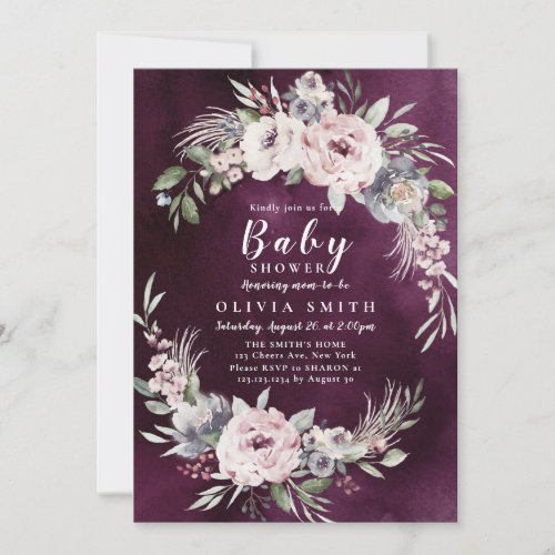 Plum  dusty pink boho floral baby shower invitation