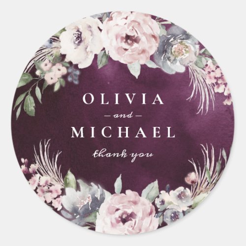 Plum  dusty pink boho floral rustic wedding classic round sticker