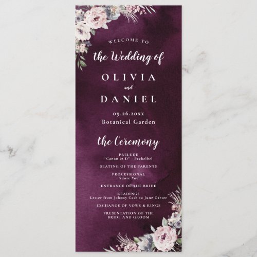 Plum  dusty pink boho floral wedding program