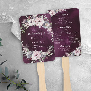 Plum & dusty pink boho floral wedding program hand fan