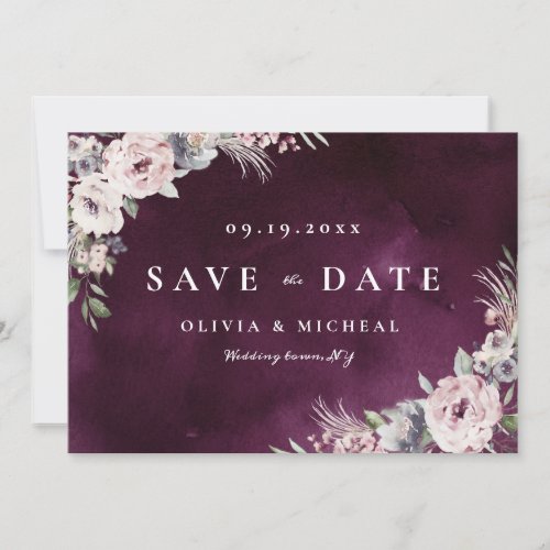 Plum  dusty pink rustic boho floral save the date
