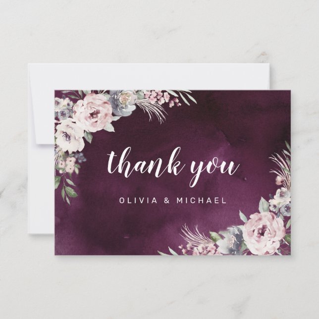Plum & dusty pink rustic boho floral thank you card (Front)