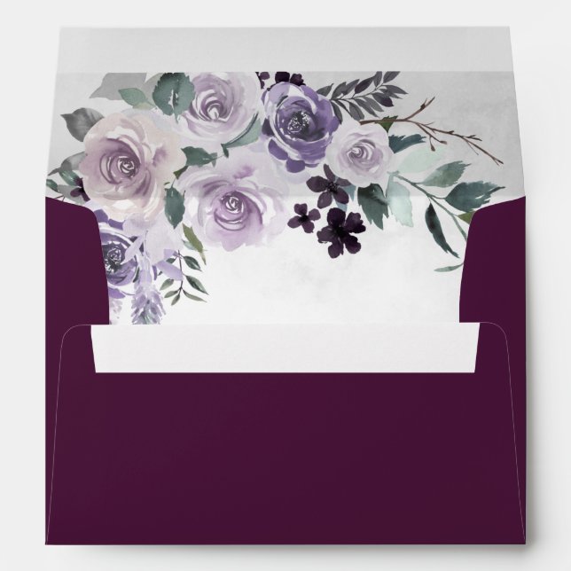 Plum Dusty Purple and Silver Gray Floral Wedding Envelope (Back (Bottom))