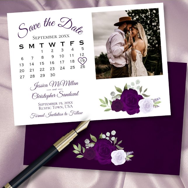 Plum & Dusty Purple Roses Wedding Calendar & Photo Save The Date (In Situ Front/Back)