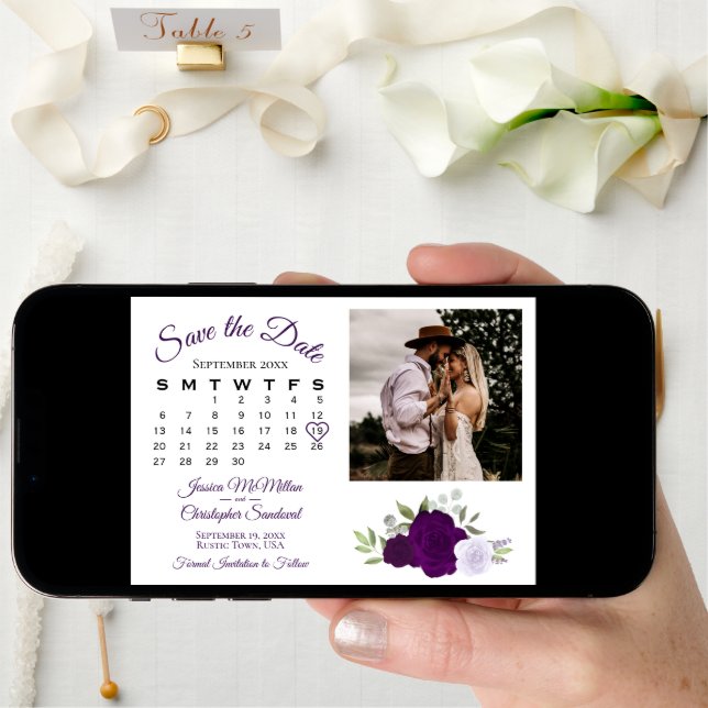 Plum & Dusty Purple Roses Wedding Calendar & Photo Save The Date (Front Digital)