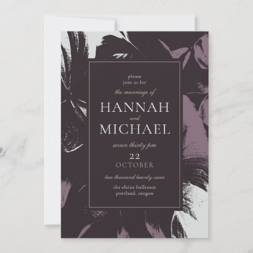 Plum Eggplant Black Abstract Floral Wedding Invitation