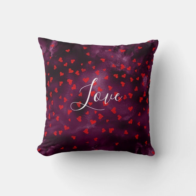 Plum Elegant Grunge Red Hearts White Script Love Throw Pillow (Front)