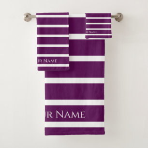 Plum  Elegant Name & Stripes Bath Towel 