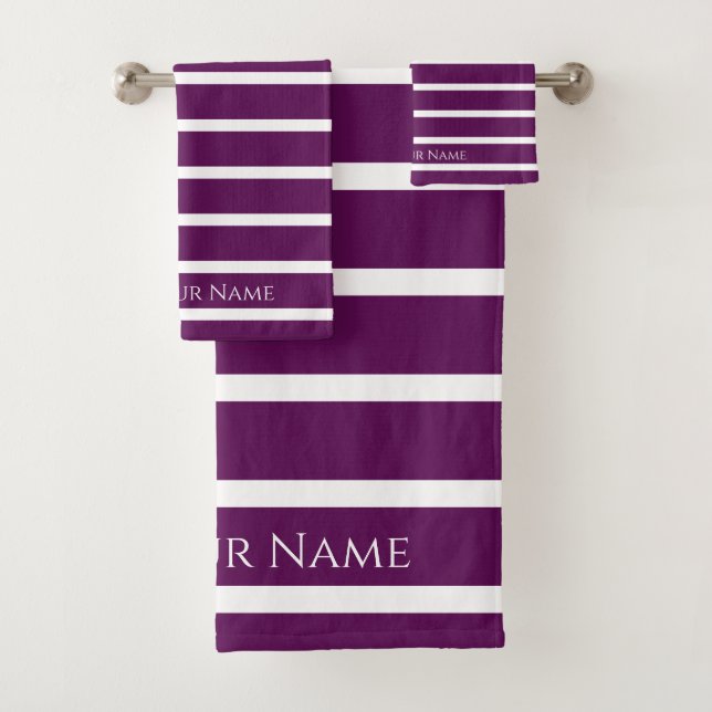 Plum  Elegant Name & Stripes Bath Towel  (Insitu)