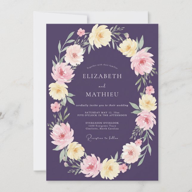 Plum Ethereal Garland Wedding Invitation (Front)