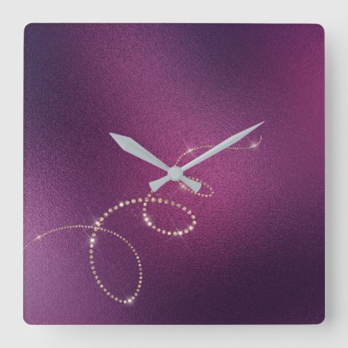 Plum  Faux Gold Crystals Frozen Glass Infinity Square Wall Clock