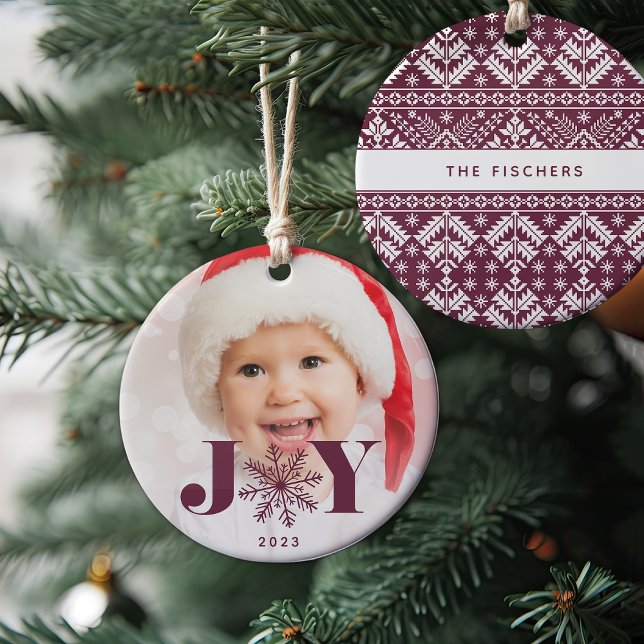 Plum | Festive Joy Holiday Photo Ceramic Ornament (Creator Uploaded)