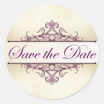 Plum Filigree With Champagne Save The Date Sticker by mjakubo434 at Zazzle
