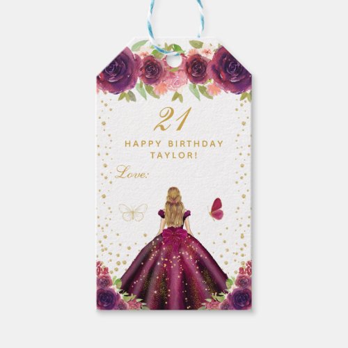 Plum Floral Blonde Hair Girl Happy Birthday Gift Tags